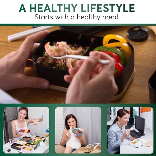 Umami Bento Box Adult All-In-1 w/4 Utensils, 2 Sauce Jars 2 Dividers, Bamboo Lid, 100% Leakproof, Microwave & Dishwasher Safe Stackable Bento Lunch Box Containers for Men/Women, Black Beige, 68 oz