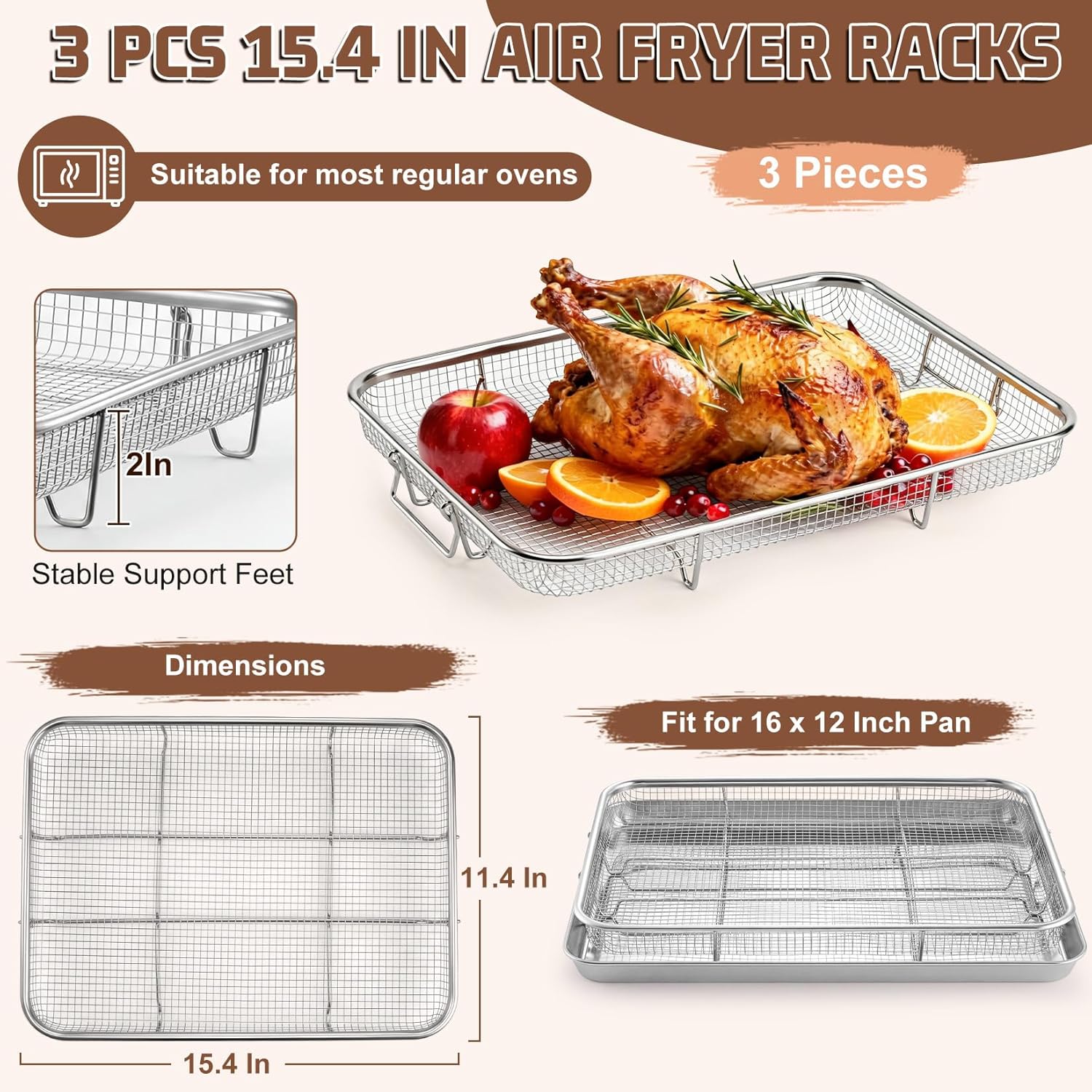 P&P CHEF Air Fryer Basket Set - 15.4 Inch Stainless Steel Racks for Cooking & Baking | Non-Toxic & Dishwasher Safe