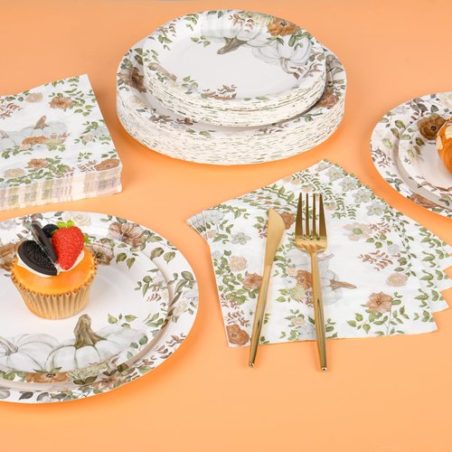 150Pcs Fall Paper Plates and Napkins Party Supplies Autumn Thanksgiving Disposable Plates Napkin White Pumpkin Plates Tableware Set for Fall Decor Thanksgiving Party Supplies,Serve 50 Guests