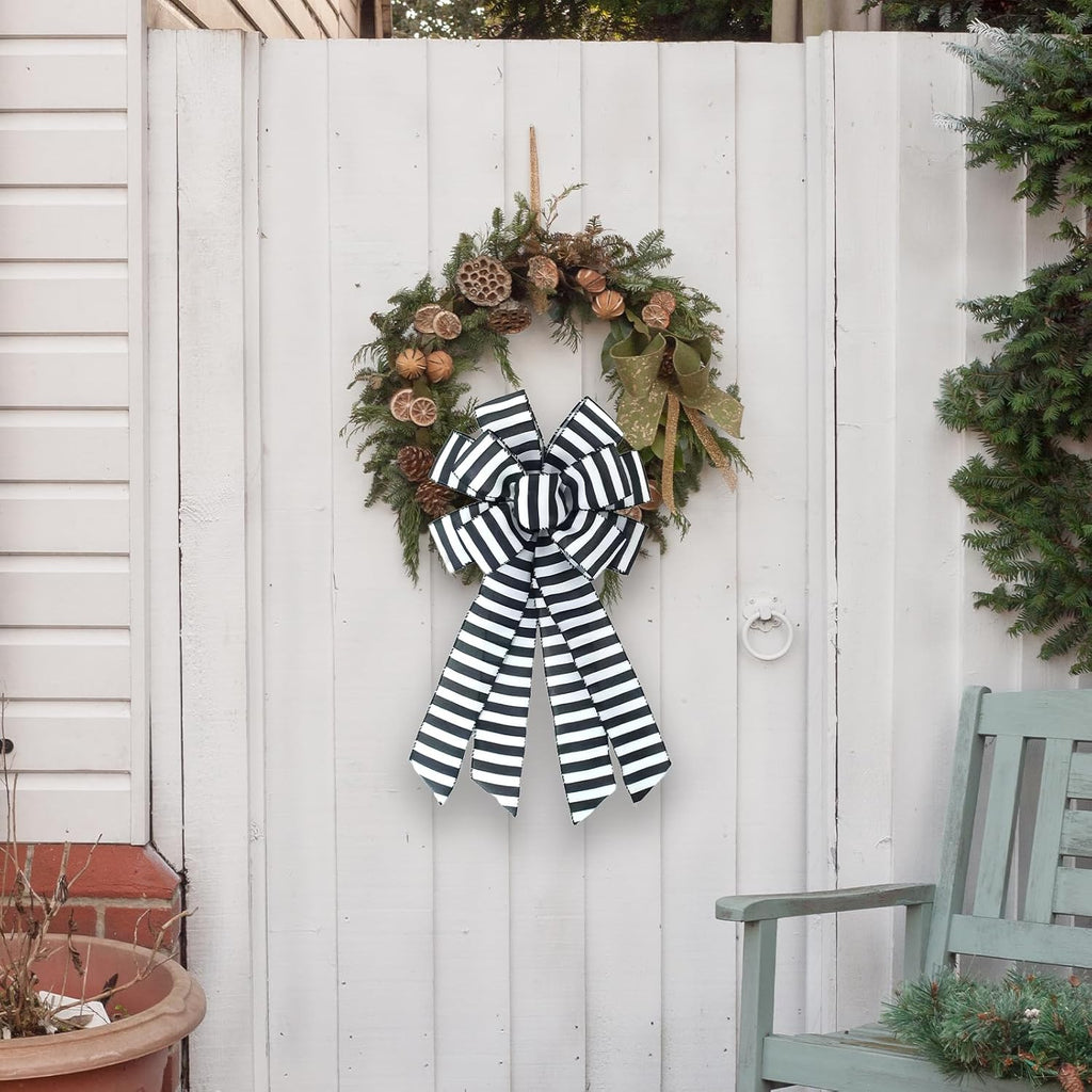 Regine Switzerland Large Black & White Stripe Wreath Bow - Rustic Burlap Decorative Accent for Christmas & Weddings