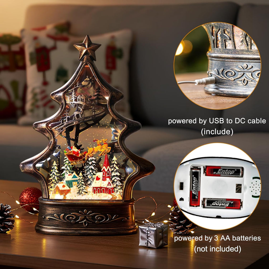 Regine Switzerland Christmas Snow Globe Lantern - Glittering Santa & Deer with Music | USB & Battery Operated