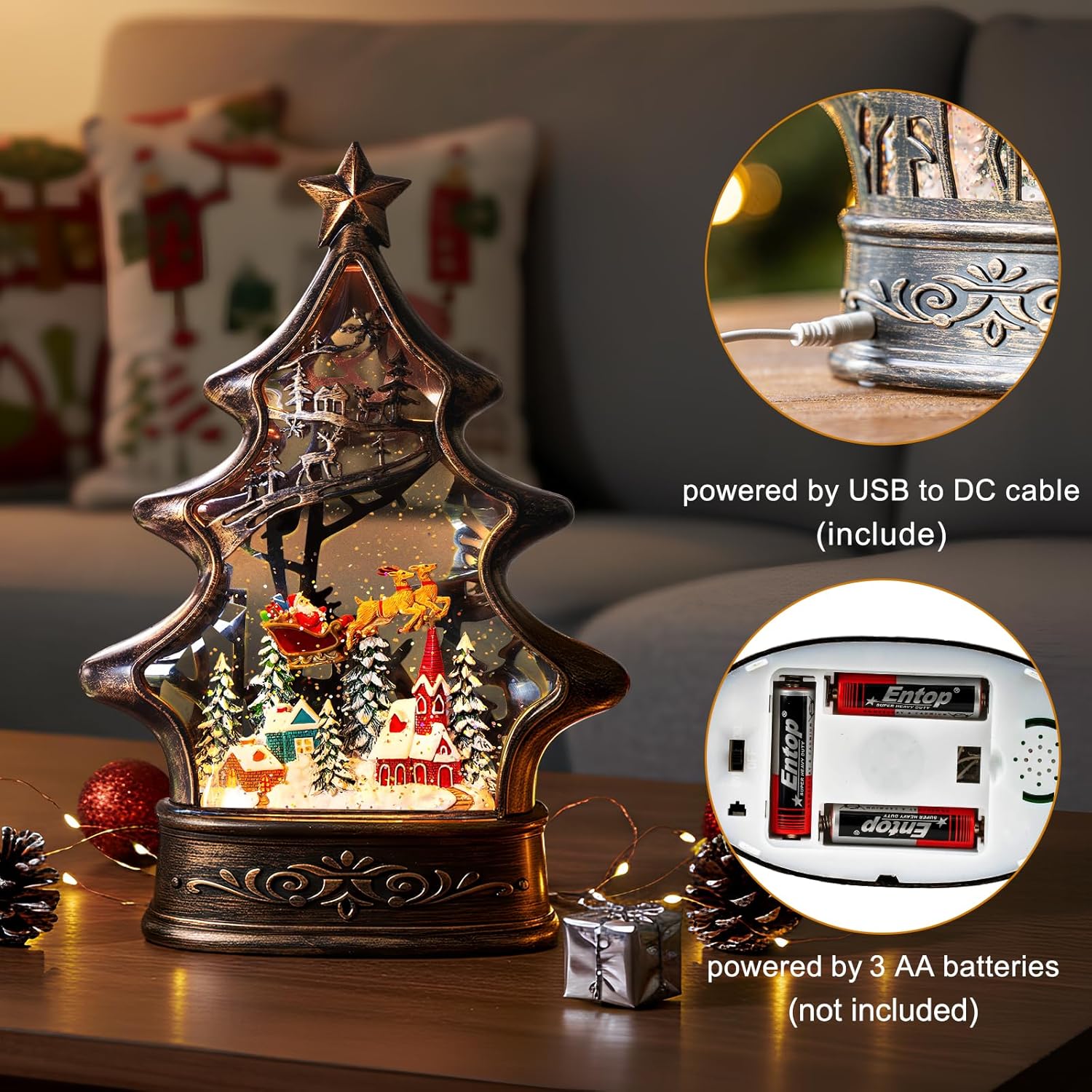 Regine Switzerland Christmas Snow Globe Lantern - Glittering Santa & Deer with Music | USB & Battery Operated