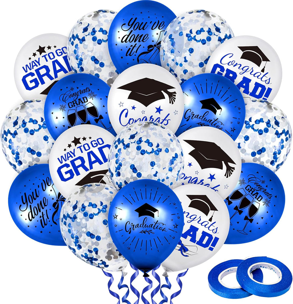 Whaline Graduation Party Balloon Set - 60 Pcs with Blue & White Confetti | 7 Unique Designs & Ribbons