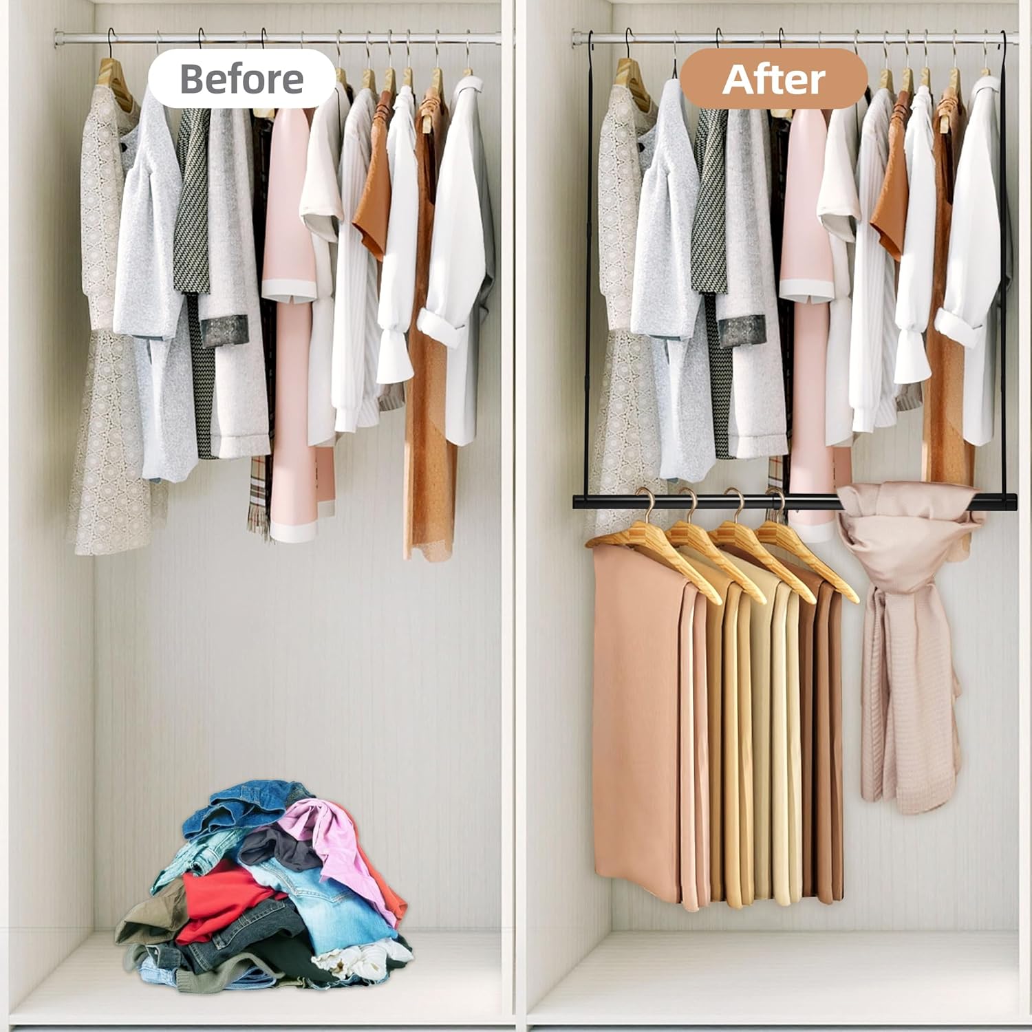 Storage Maniac Adjustable Closet Rod - Space-Saving Hanging Organizer for Clothes - Black, 1 Pack