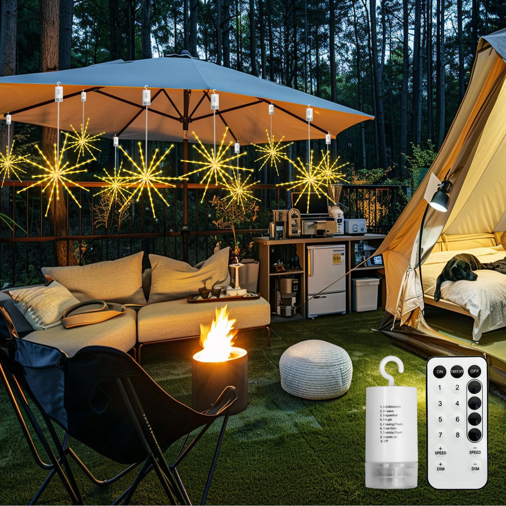 Tiandirenhe 2 Pack 224 LED Hanging Starburst Light, Firework Fairy Starburst String Lights Hanging Star Lights with Remote, 8 Lighting Modes Operated, Starry Light for Garden Party Christmas(Yellow)