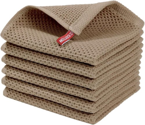 Homaxy 100% Cotton Waffle Weave Dish Cloths - Ultra Soft & Absorbent Quick-Drying Towels | 12x12 Inches, 6-Pack, Tan