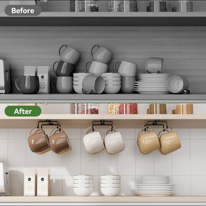 ECROCY Coffee Mug Holder Easy Screw Mounting, 3 Pack Mug Hooks Under Shelf with Wide Hook Spacing