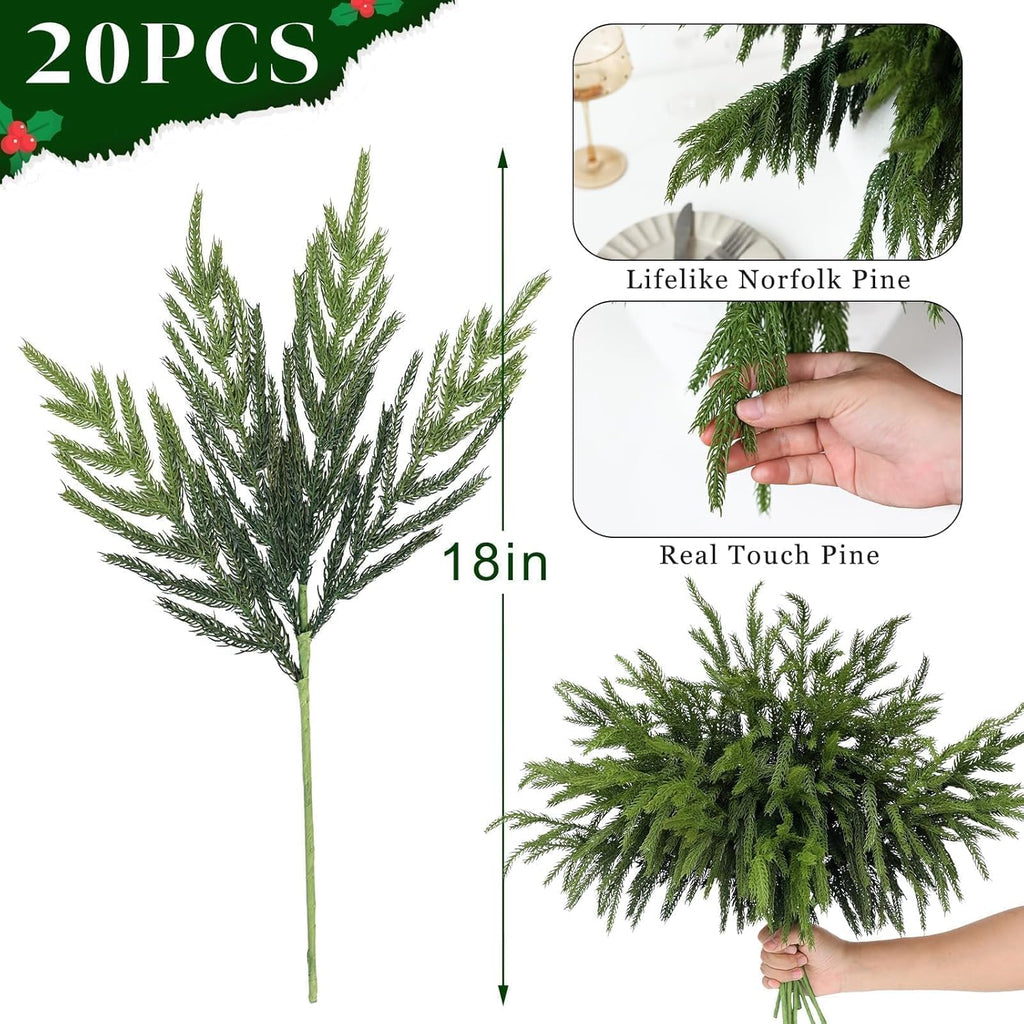 Norfolk Pine Branches - 20 Pcs Real Touch Artificial Greenery for DIY Crafts | 18" Faux Pine Picks