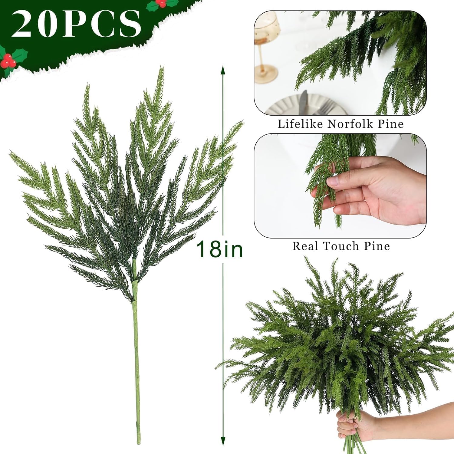 Norfolk Pine Branches - 20 Pcs Real Touch Artificial Greenery for DIY Crafts | 18" Faux Pine Picks