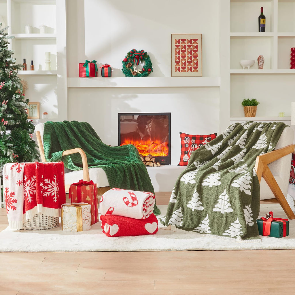 Douceur Christmas Tree Throw Blanket, Ultra Soft Olive Green Fluffy Festival Blanket, Reversible Cozy Decorative Blanket for Bed Couch Sofa, Super Soft Indoor Living Room Plush Throws, 50"X60"