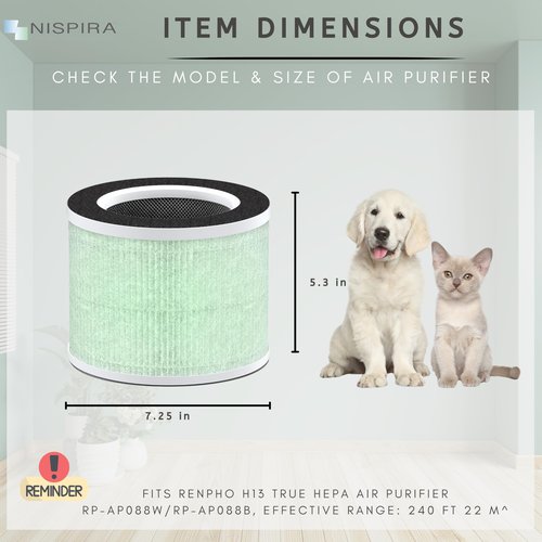 Nispira RP-AP088-F1 RP-AP088 Replacement Filter for RENPHO Air purifier RP-AP088W RP-AP088-F2 H13 4-in-1 HEPA Activated Carbon, 3 Packs