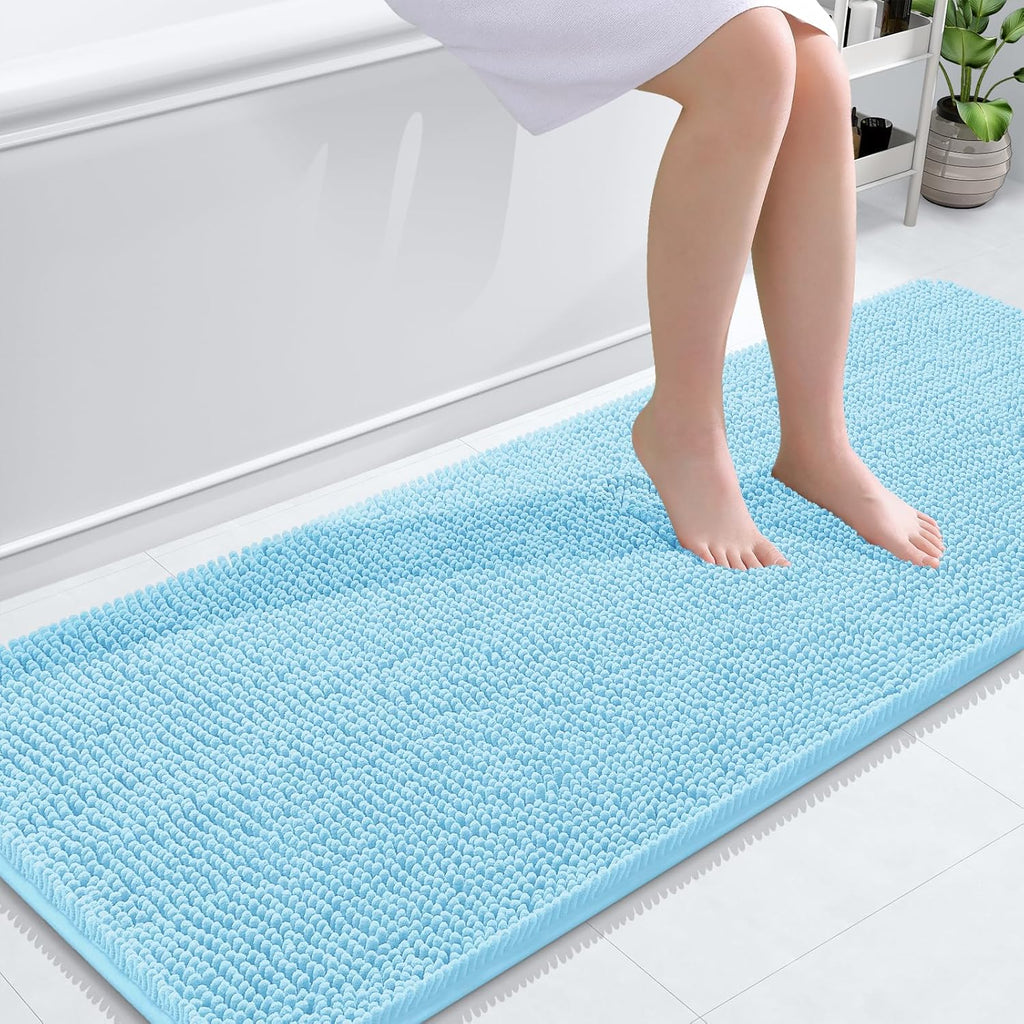 OLANLY Bathroom Runner Rugs - Soft Absorbent Chenille Bath Mats | Quick Dry, Machine Washable, 59x24, Sky Blue