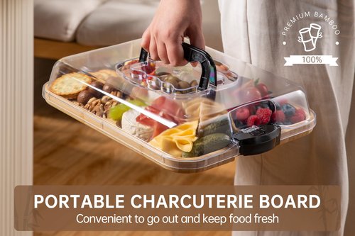 THETCHRY Charcuterie Board with Clear Lid,Large Travel Portable Cheese Board Charcuterie Boxes Cutting Boards for Kitchen, Gifts for Women,Black