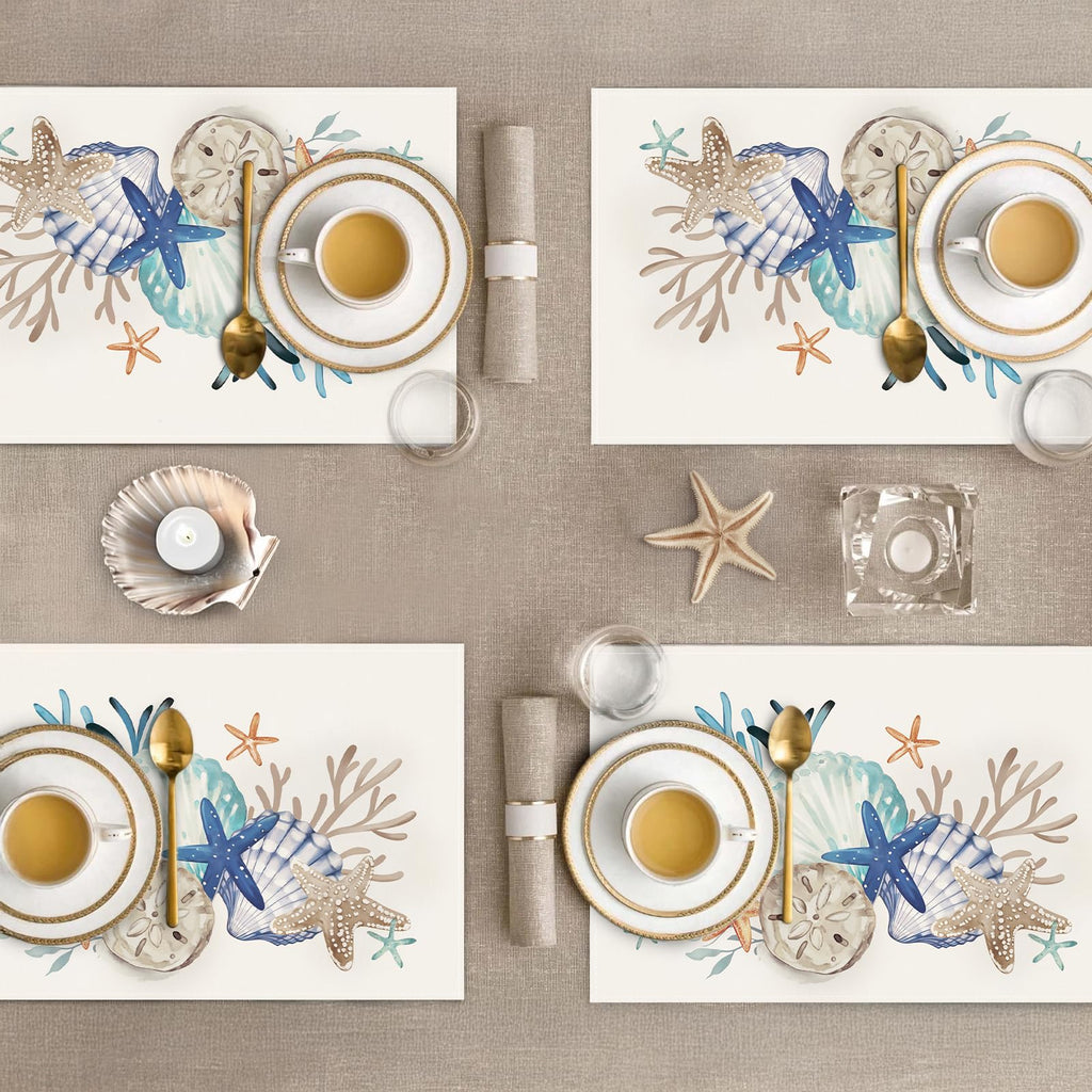 Bonhause Nautical Coastal Placemats Set of 4, 12x18 Inch Beach Starfish Seashell Ocean Coral Summer Kitchen Dining Table Mats Washable Place Mats for Indoor Outdoor Home Party Décor