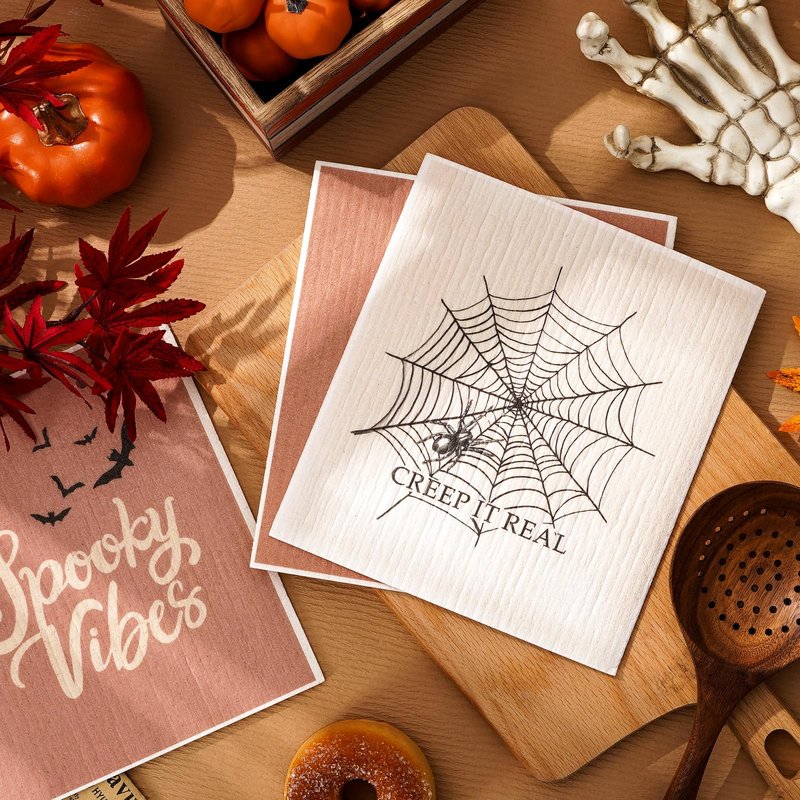 AnyDesign 6Pcs Halloween Swedish Dishcloths Ghost Pumpkin Skeleton Kitchen Dish Towels Reusable Washable Scary Cotton Kitchen Towels for Baking Cooking Home Kitchen Decor, 6.7 x 7.7 Inch
