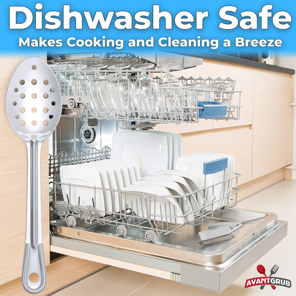 Super Strong, Ergonomic 11 in Serving Spoon 5 Pk. Big, Perforated Stainless Steel Spoons for Cooking, Baking and Basting. Best Kitchen Flatware for Buffet and Banquet Service in Restaurants and Homes