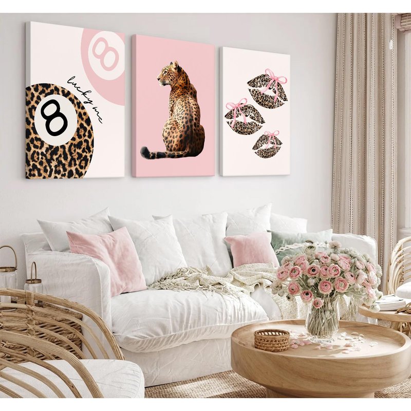 Pink Cheetah Wall Art Decor Leopard Preppy Trendy Canvas Poster Fashion Aesthetic Room Decor Y2k 8 Ball Prints Coquette Bow Picture Pink Lucky Painting for Dorm Girl Bedroom 16x24x3 Inch Ready to Hang
