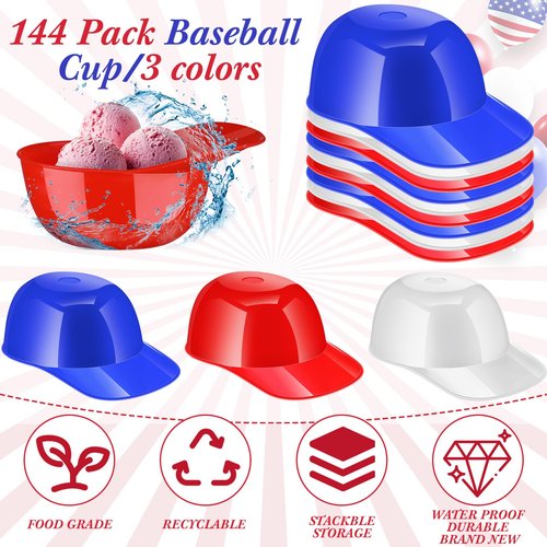 Roshtia 144 Pcs Baseball Helmet Ice Cream Bowl Bulk, 8 oz Mini Baseball Cap Dessert Bowls Plastic Small Sundae Disposable Snack Helmets Cups for Birthday Party Favor Supplies, Red, Dark Blue, White