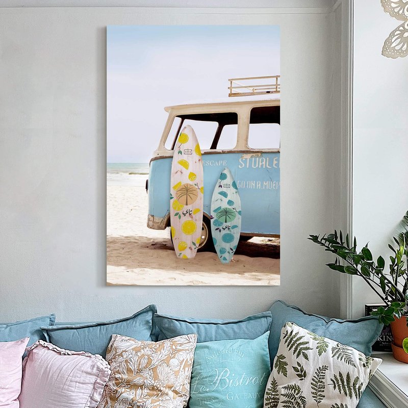 Coastal Beach Canvas Wall Art: Tropical Hawaii Ocean Painting Surfboard Prints Surfer Picture Vintage Seaside Van Artwork for Bathroom Bedroom Living Room