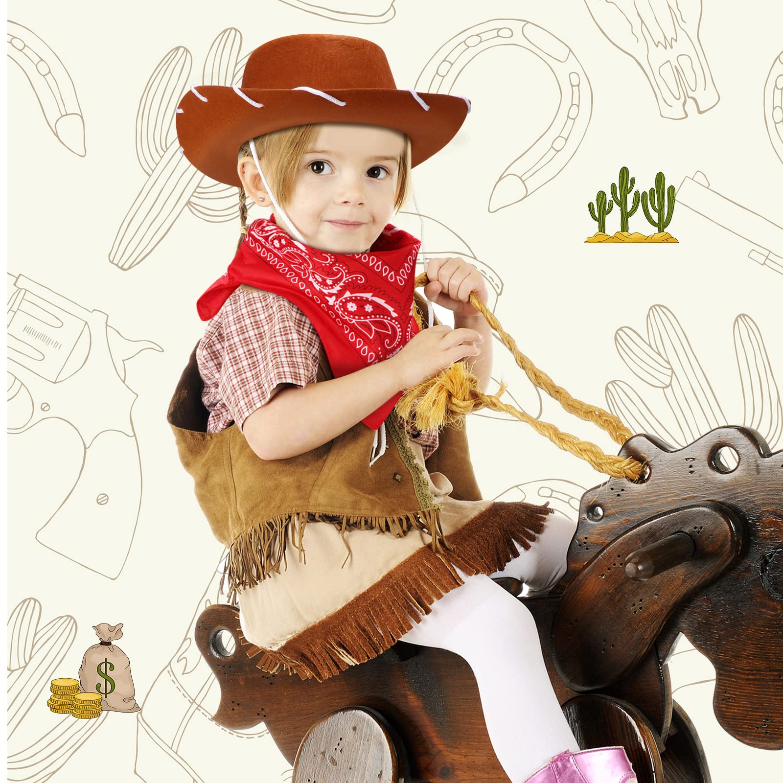 Unittype 18 Sets Cowboy Hats and Bandanas Bulk Kids Western Cowboy Costume Accessories Kids Party Supplies(Brown, Red)