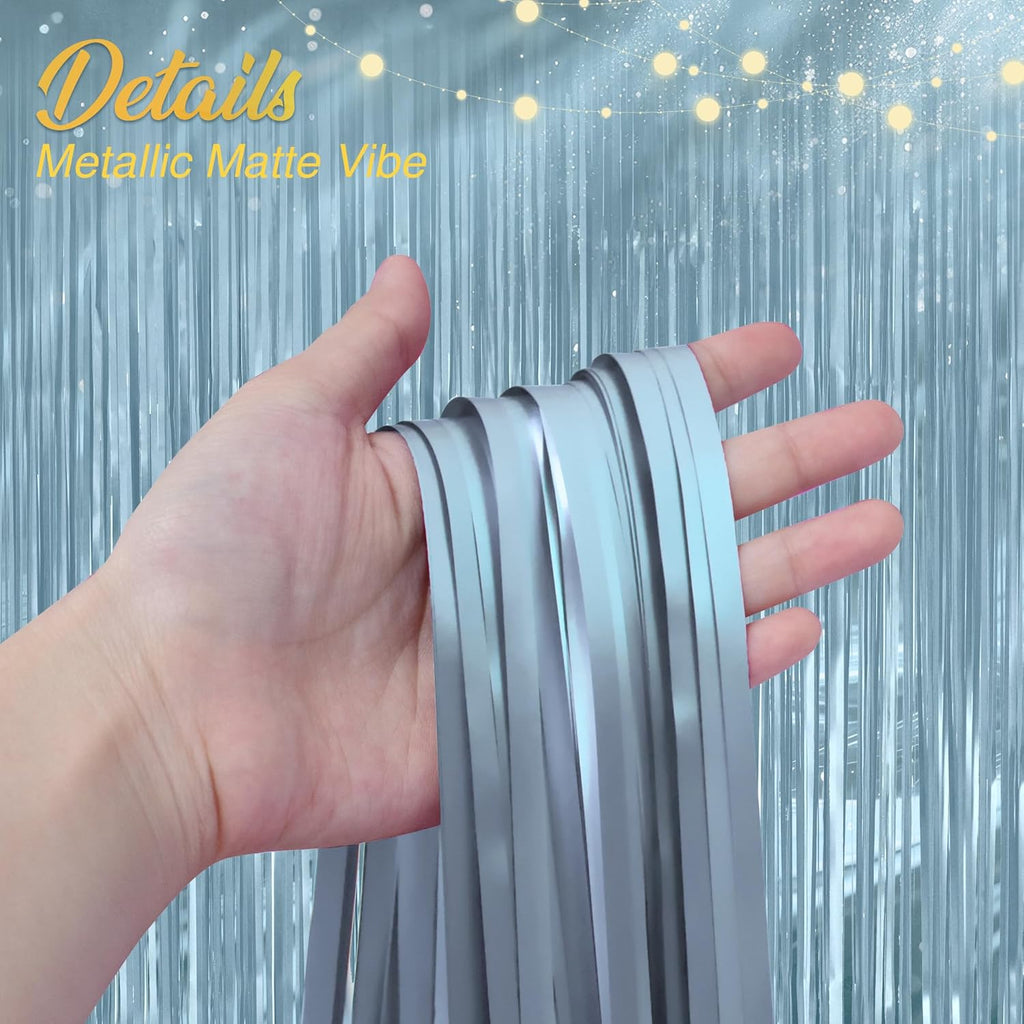 Skiennix Metallic Light Blue Fringe Backdrop - 3.2x8.2ft Shining Foil Tinsel Curtains for Parties & Events