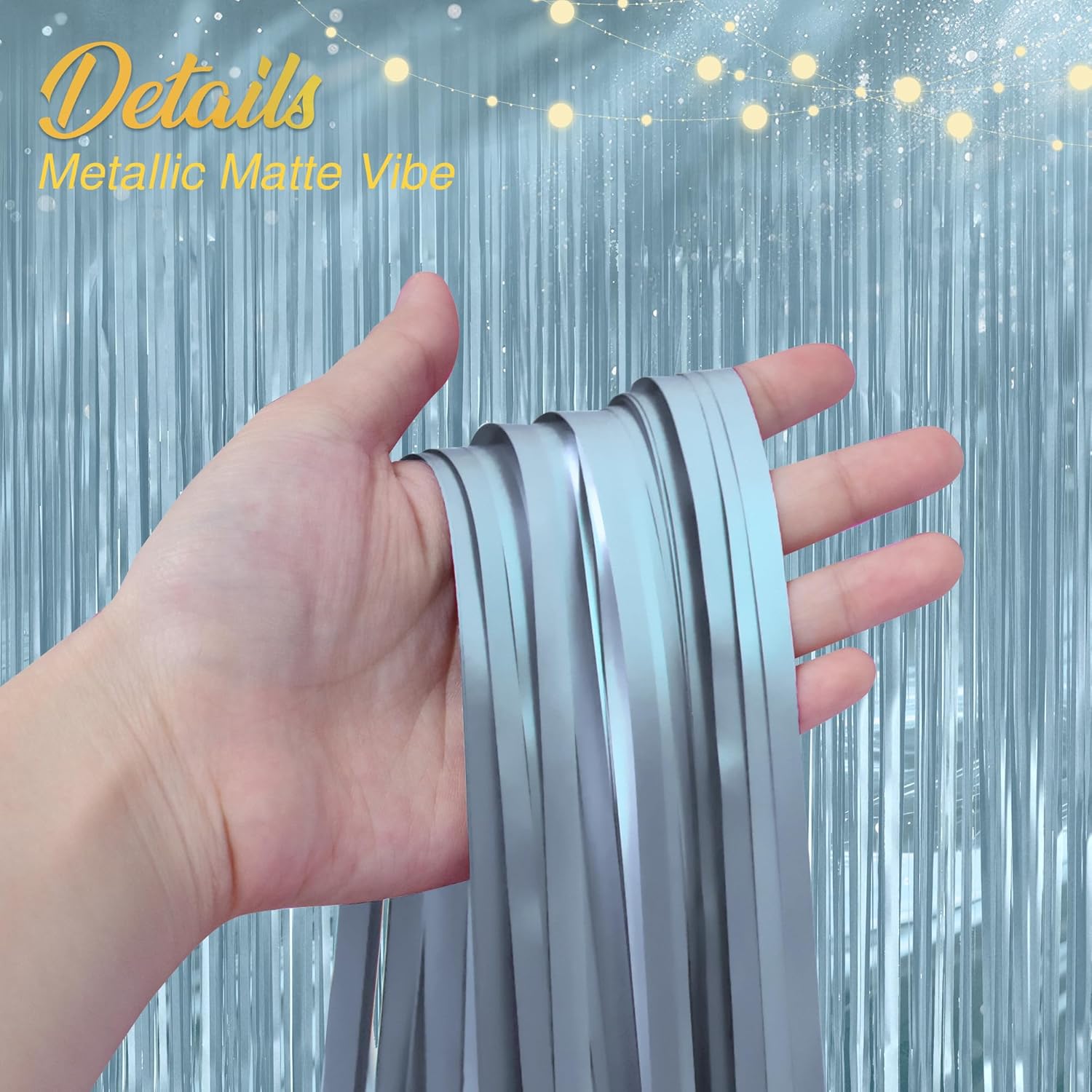 Skiennix Metallic Light Blue Fringe Backdrop - 3.2x8.2ft Shining Foil Tinsel Curtains for Parties & Events