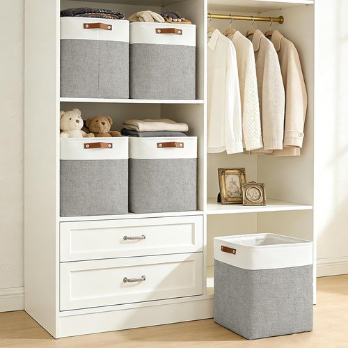 Bagnizer Large Fabric Storage Baskets - 50L Decorative Linen Bins with Handles for Organizing | 17x12x15 Inches (Grey & White)