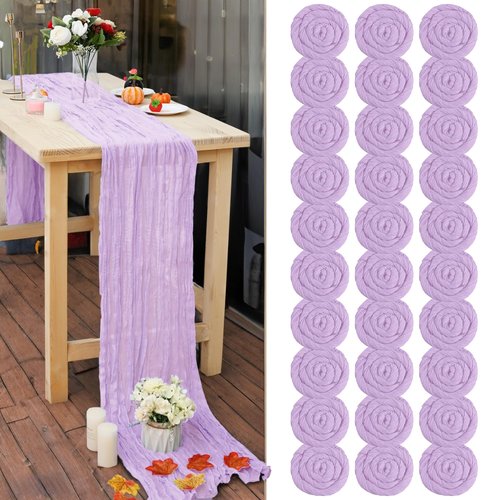 30 Pcs Lavender 10FT Cheesecloth Table Runner 23" x120" Boho Gauze Table Runner Romantic Cheese Cloth Table Runners for Wedding Arch Bridal Shower Baby Shower Birthday Party Anniversary Banquet Décor
