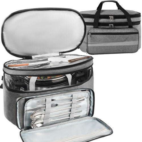 Double-Layer Slow Cooker Carrying Bag, Insulated Travel Carrier with Adjustable Band and Accessory Pocket, Portable Carrier Case for 6-8 Quart Crock, Compatible With Other Brands (Grey, Bag Only)