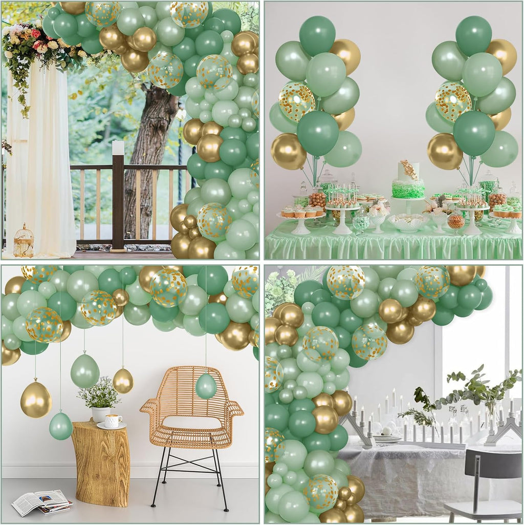 Skiennix 72Pcs Sage Green Balloon Set - 12" Latex & Pearl Metallic Gold Balloons for Parties