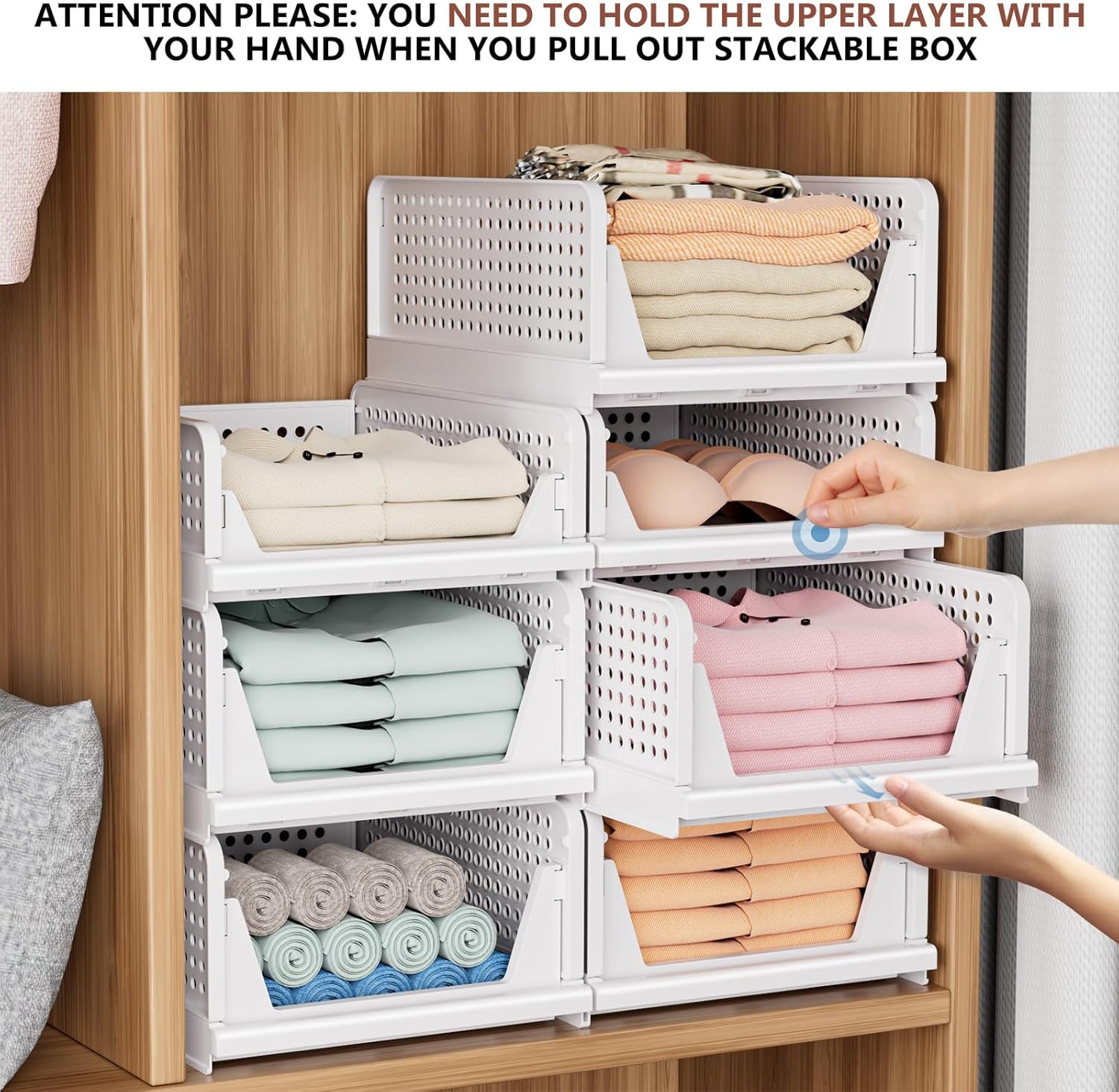 Skiennix Folding Closet Organizers - Stackable Storage Bins for Wardrobe & Office | White - 4 Pack