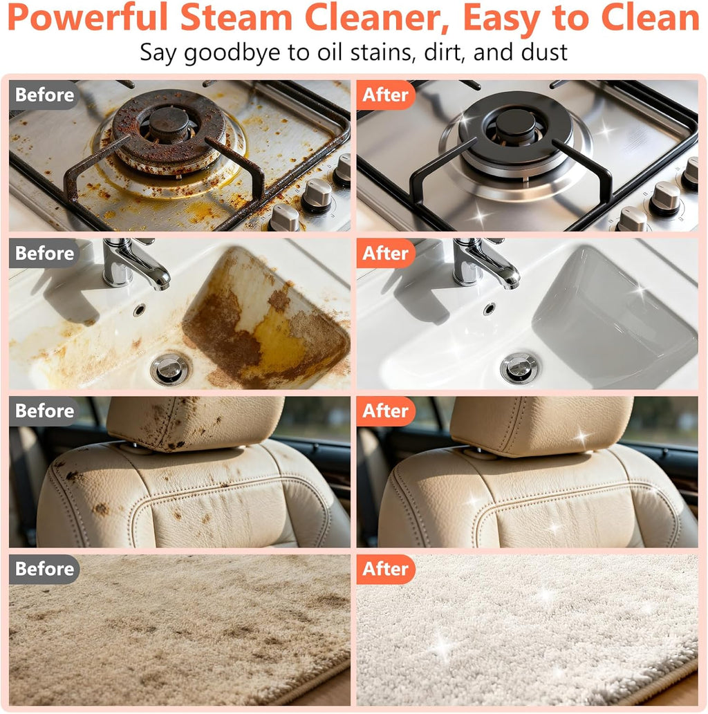 Skiennix Portable Steam Cleaner - Handheld Steamer with 16 Accessories, 6-Level Adjustable, 15s Heat-Up, Ideal for Home & Car Detailing - Orange