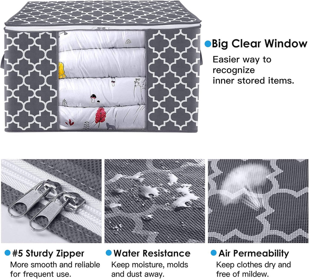 WISELIFE Storage Bags - Large Blanket and Clothes Organizer with Clear Window & Sturdy Zippers | Grey, 3 x 100L