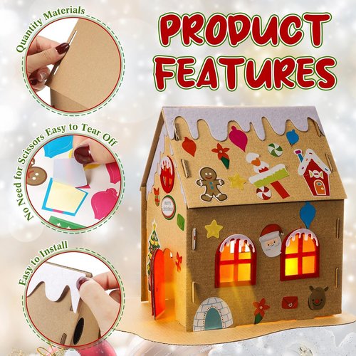 Hiboom Christmas Gingerbread House Kit - 15 Sets of Cardboard DIY Holiday Crafts for Festive Parties