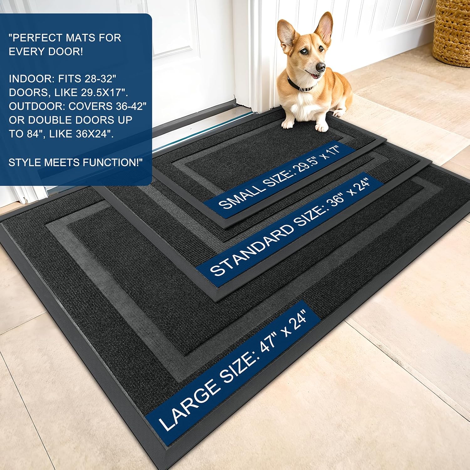 OLANLY Indoor/Outdoor Door Mat Set - Black Geometric Design | 2 Pieces (29.5x17 in & 32x20 in)
