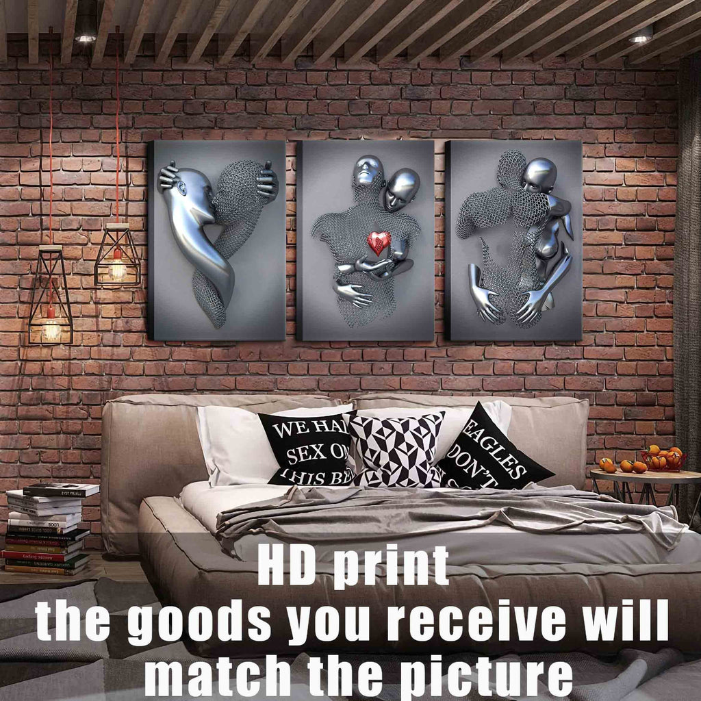 Framed Wall Art for Bedroom 3D Metal Effect Love Heart Couple Wall Art Decor for Living Room 3 Pieces Modern Abstract Grey Black and White Canvas Prints Poster Pictures Paintings for Wall Decorations
