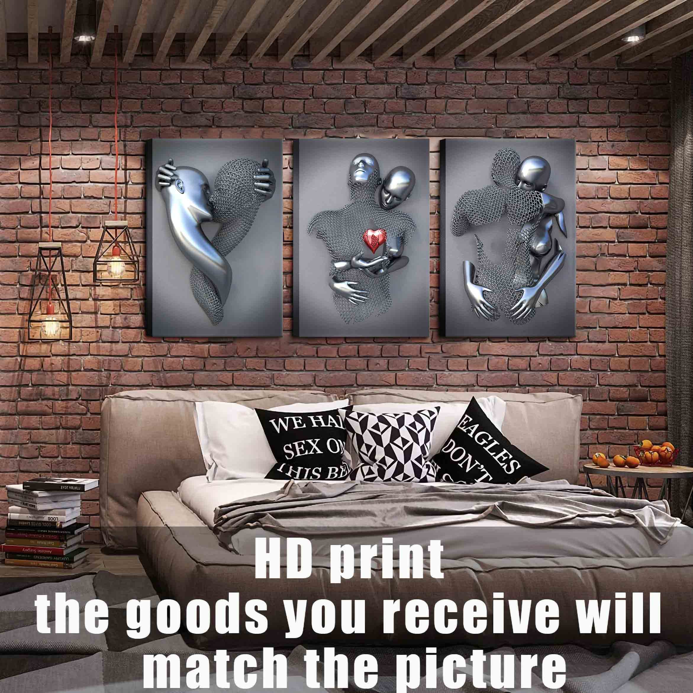 Framed Wall Art for Bedroom 3D Metal Effect Love Heart Couple Wall Art Decor for Living Room 3 Pieces Modern Abstract Grey Black and White Canvas Prints Poster Pictures Paintings for Wall Decorations