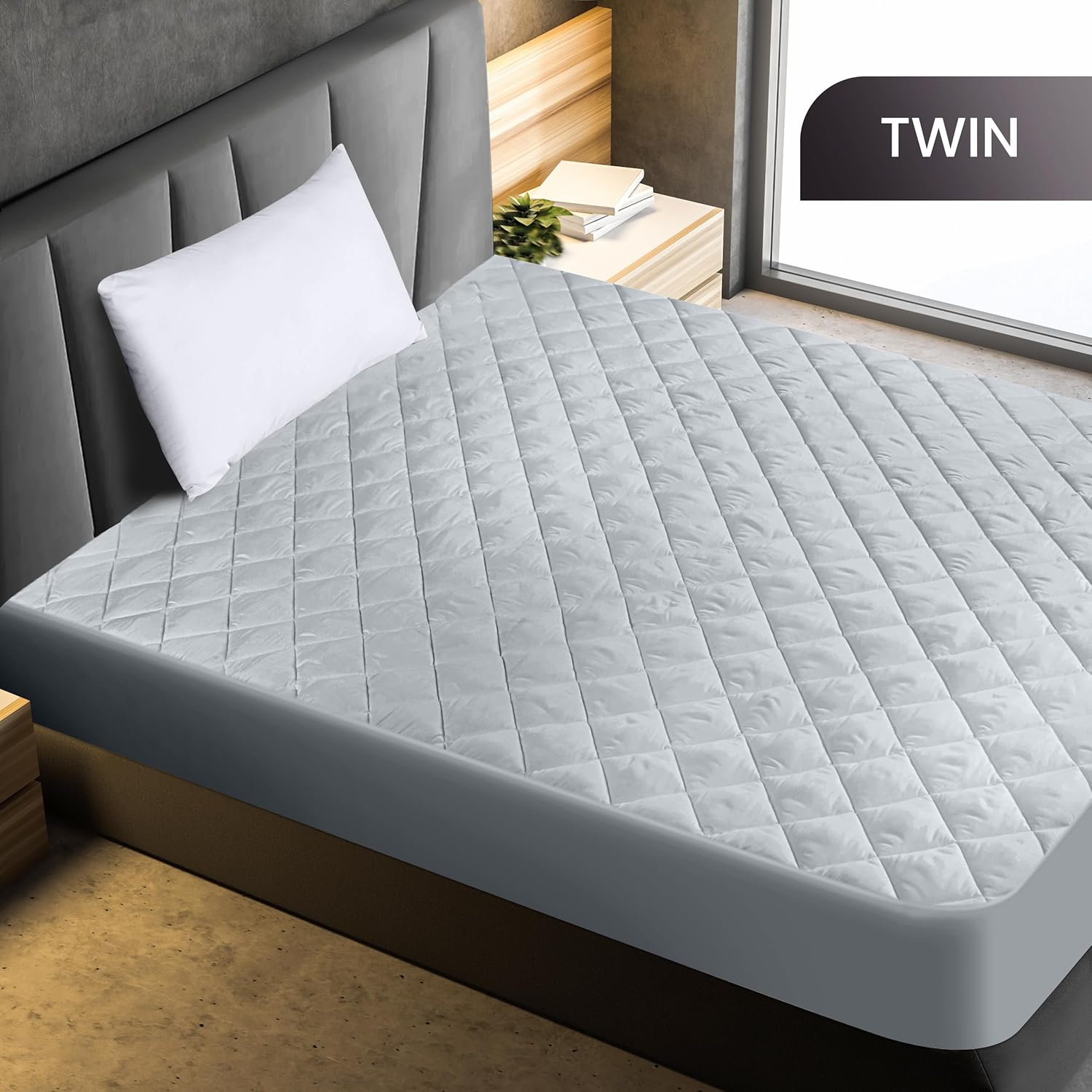 Utopia Bedding Quilted Mattress Pad - Twin Size Elastic Fitted Protector | Deep Pocket Up to 16 Inches, Machine Washable (Light Grey)