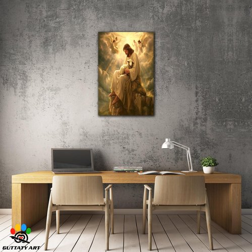 Jesus and Lamb Canvas Wall Art, Religious Christian Canvas Prints, Easter Jesus Christ Gifts for Home Wall Decor, God Jesus, the Lamb and Angels Prints Decor for Living Room, Church 18x24 Inches