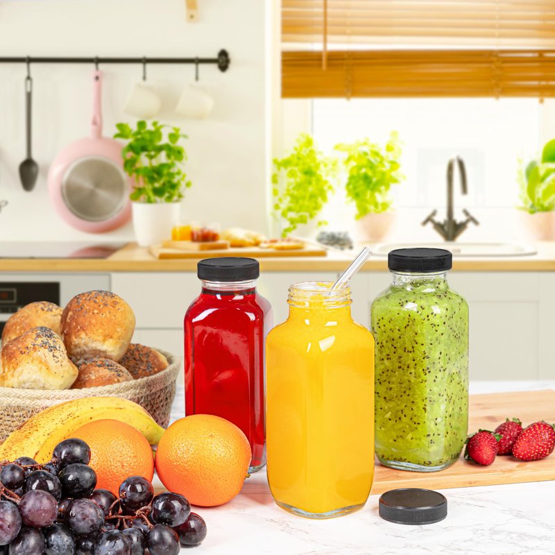 umud Juice Bottles with Lids, 16 Oz - Set of 3 - Clear Glass Jars with Caps - Reusable Empty Drink Containers for Juicing, Smoothies, Water, Milk, Kombucha Storage, Wellness Shots and More (3)