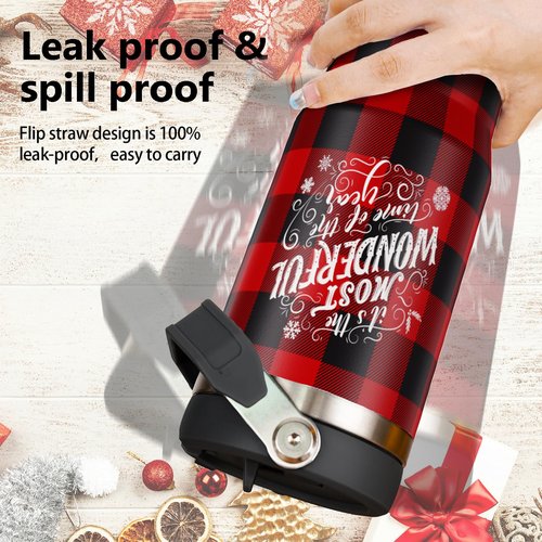 Exacmos 30oz Christmas Tumbler with Handle and Straw, Stainless Steel Vacuum Insulated Flip Straw 30 oz Buffalo Coffee Tumbler, Spill Proof Travel Mug, Merry Christmas Decor Gifts for Women