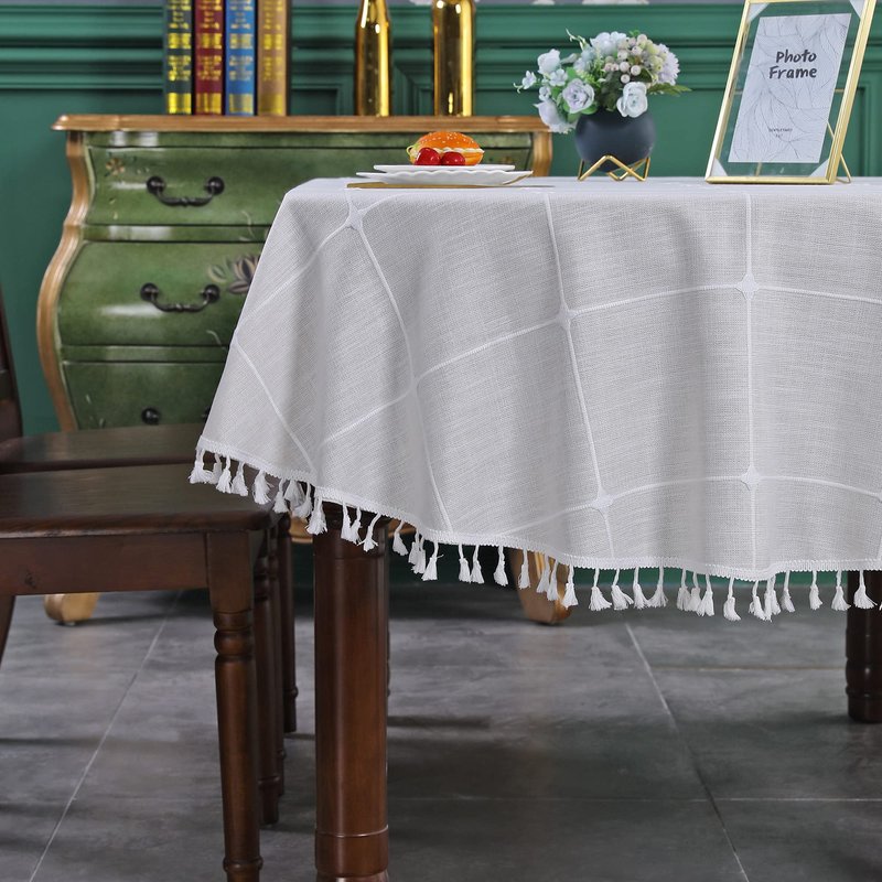 Farmhouse Checkered Embroidery Lattice Oval Tablecloth with Tassel Heavy Duty Rustic Fabric Table Cover Wrinkle Resistant Washable Kitchen Dining Party Wedding Decoration 60 x 84 Inch
