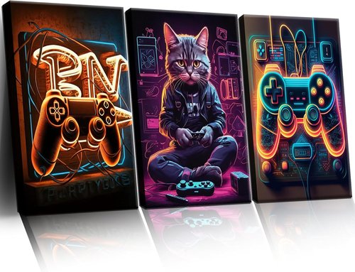 Eysintum Gaming Wall Art - Retro Video Game Controller & Cat Canvas Prints | 12x16in Set of 3 for Boys' Room