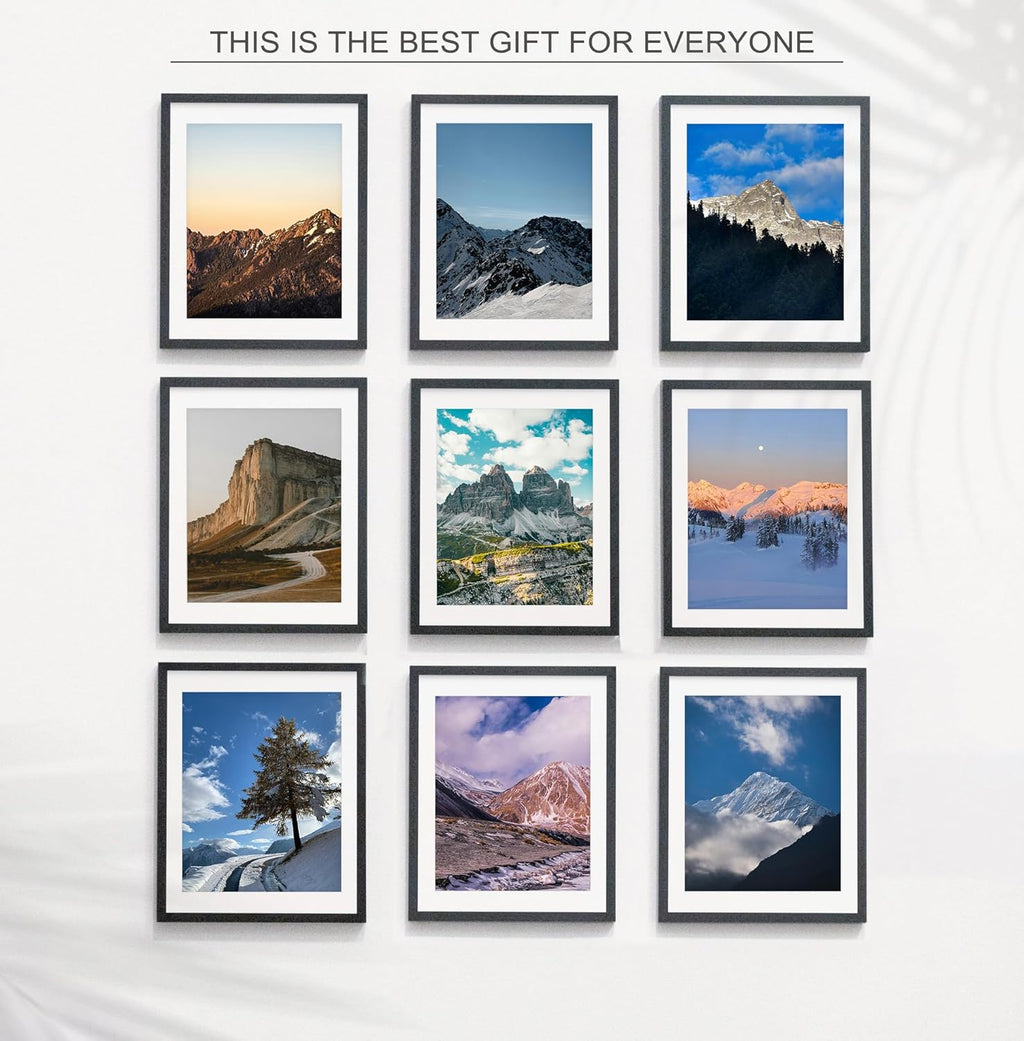 Wiscet 11x14 Picture Frame Set of 9 - Display 8x10 Photos with Mat or 11x14 Without Mat | Black Wall Mount & Tabletop