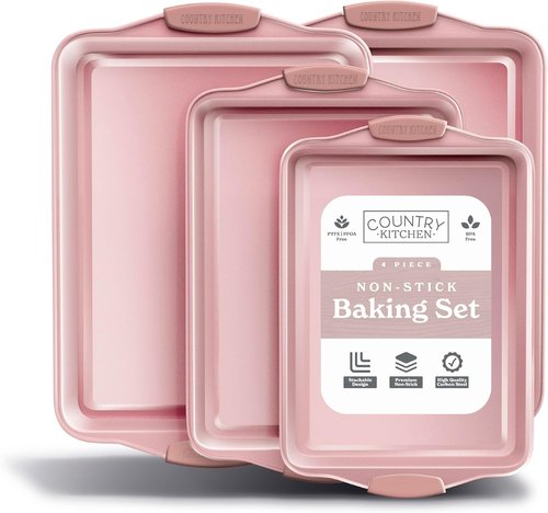 Country Kitchen Nonstick Bakeware Set - Durable, Easy Release, Stackable Design | Pink, 4 Pieces