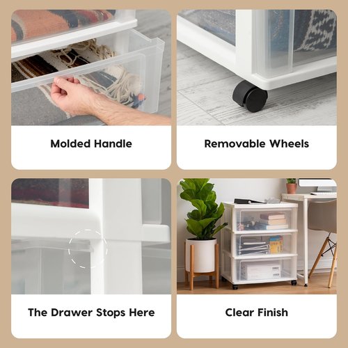 IRIS USA Rolling Storage Cart - 3-Drawer Plastic Organizer with Wheels for Art, Craft & Laundry - White