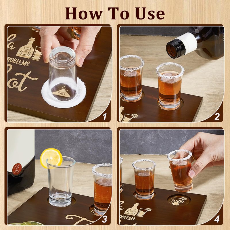 Tequila Shot Board Set With 6pcs Shot Glass Tequila Gifts, 7.8x11.8 Inch Wooden Serving Tray with Salt Rim, Shots Glass Holder for Restaurant Family, Fun Bar Party Housewarming Gifts