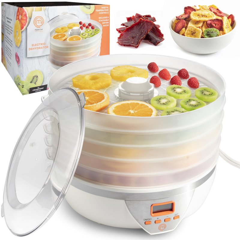 MasterChef Digital Food Dehydrator w 5 Large Trays and Temperature Controls- 8L Capacity- Programmable Dehydrating Machine w Recipe Guide- BPA Free, Make Healthy Snacks, Dry Fruit, Veggies, Beef Jerky