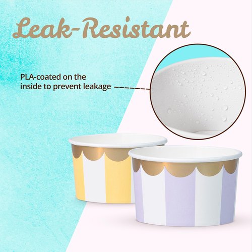 Confettiville Paper Ice Cream Cups, 100-Count 5.5-Oz Disposable Dessert Bowls for Hot or Cold Food, 5.5-Ounce Party Supplies Treat Cups, 5 Colors Pastel Stripes with Scalloped Gold Foil