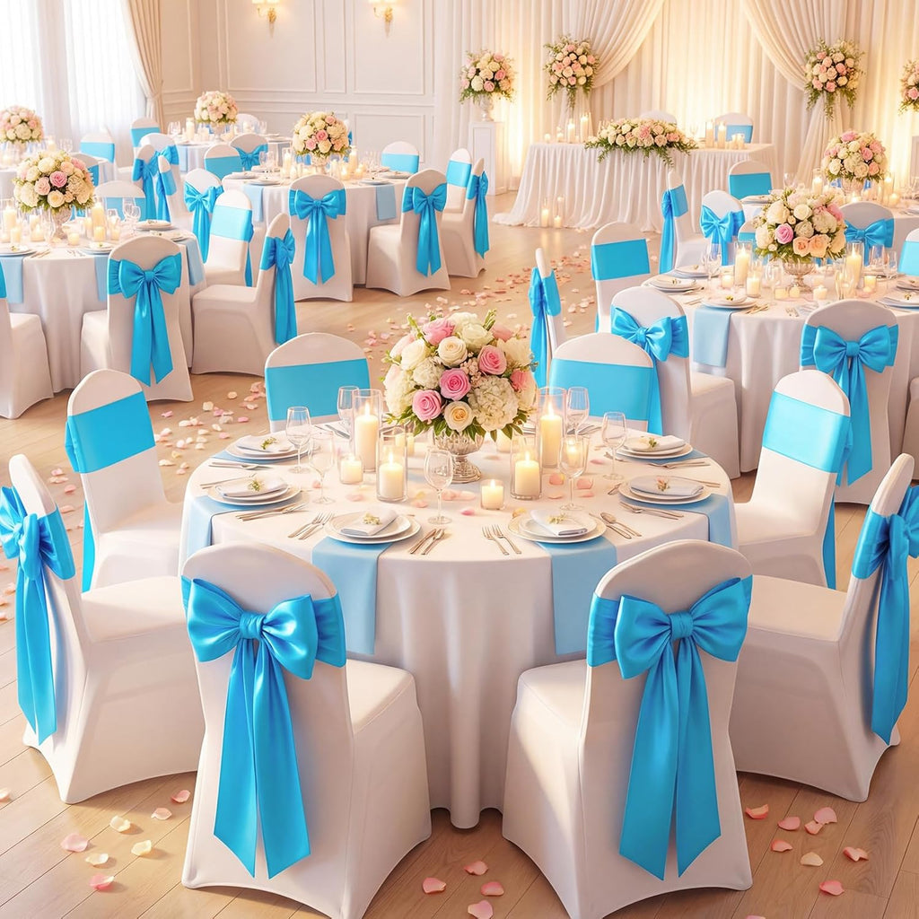 Suncalla Large Sky Blue Satin Bow Decorations - 3 Pcs | 2 Ft Hanging Wall Decor for Weddings & Parties